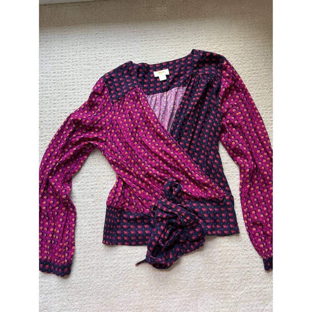 Maeve Anthropologie Wrap Top 12 Pink Navy Mixed Floral Boho Romantic Botanical
